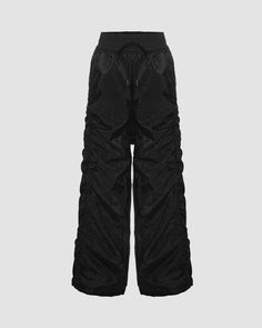 Details: Long cargo pants with front drawstring designBottom Length: LongMaterials:95% Polyester + 5% Spandex Stretch Nylon Wide-leg Parachute Pants, Techwear Cargo Style Wide-leg Bottoms, Stretch Wide-leg Parachute Pants For Streetwear, Solid Wide-leg Techwear Parachute Pants, Athleisure Wide-leg Parachute Pants With Pockets, Black Utility Parachute Pants With Drawstring, Techwear Wide Leg Nylon Cargo Pants, Outdoor Nylon Wide Leg Pants, Nylon Long Pants With Functional Drawstring