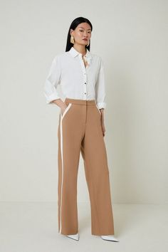 Compact Stretch Contrast Panel Wide Leg Dress Pants | Karen Millen Spring Workwear Bottoms With Contrast Trim, Wide Leg Bottoms With Contrast Trim For Work, Workwear Pants With Contrast Trim, Workwear Bottoms With Contrast Trim, Workwear Straight Leg Bottoms With Contrast Trim, Straight Leg Workwear Bottoms With Contrast Trim, Straight Leg Bottoms With Contrast Trim For Work, Velvet Dress Maxi, Evening Trousers