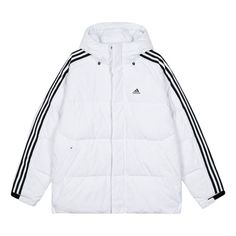 adidas 3-Stripes Puff Down Jackets 'White Black' IT8731 White Hooded Puffer Jacket With Padded Collar, Campera Puffer, Down Jackets, Down Jacket, Parka, White Black, Puffer, White And Black, Stripes