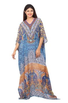 Searching out for some wedding fashion attire…porcelain silk kaftan of this style fulfills your need completely. It is embellished very well with colourful beads and crystals of small size. These beads mashes composedly with the patterns near V-neck line at the front. The bottom print is different from the top one as it offers you a party look alike evening gown. ONE SIZE FIT ALL KAFTAN ( Small to 8XL) Material: 100% SilkQuality: Excellent (Best Quality On Our Stock)Ready Stock Items We ship Sam Festive Bohemian Kaftan With Dabka Detailing, Festive Bohemian Kaftan With Dabka, Floral Print Kaftan For Eid Wedding, Floral Print Kaftan For Wedding And Eid, Eid Wedding Kaftan With Floral Print, Festive Kaftan With Printed Motifs For Vacation, Bohemian Silk Kaftan For Festive Occasions, Traditional Kaftan With Digital Print And Kimono Sleeves, Bohemian Silk Kaftan For Wedding