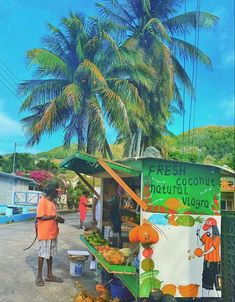 a man standing next to a fruit stand on the side of a road with palm trees in the background