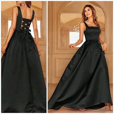 New Princess Seamed Square Neck Lace Up Ball Gown Dress * Sleeveless * Princess Square Neck * High Waist * Back Corset Like Lace Up Tie Detail * Pleated Waist Full Length Skirt *Approximate Unstretched Measurements* Xs (2) * Bust 32"(Up To 34") * Waist 25.25"(Up To 26") * Length 61.25" Small (4) * Bust 34"(Up To 35.25") * Waist 27.2"(Up To 27.5") * Length 61.75" Medium (6) * Bust 35.75"(Up To 37") * Waist 29"(Up To 29") * Length 62.25" Large (8/10) * Bust 37.75"(Up To 39.5") * Waist 31"(Up To 31 Puffy Black Prom Dress, Black Classy Formal Dress, Sleeveless Evening Dress With Corset Back For Banquet, Black Sleeveless Prom Gown, Black Satin Sleeveless Gown, Black Sleeveless Gown For Banquet, Black Sleeveless Satin Gown, Black Satin Maxi Dress For Banquet, Black Sleeveless Maxi Dress For Wedding