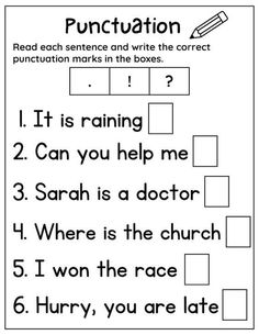 the worksheet for punctuation is shown in black and white with text