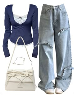 OOTD: Long Sleeve Tee + Wide Leg Jeans + Leather Shoulder Bag Style Of Clothing, Blue Outfit Inspo Aesthetic, Outfit Ideas Blue, Blue Aesthetic Outfits, Long Sleeve Outfit Ideas, Cute Blue Outfits, Blue Outfit Ideas, Blue Outfits, Wide Leg Jeans Outfit