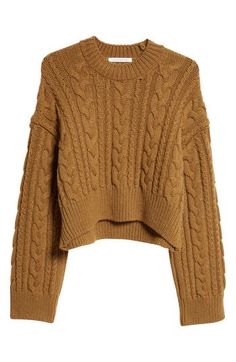 a brown sweater with cable kniting on the shoulders and shoulder, in front of a white background