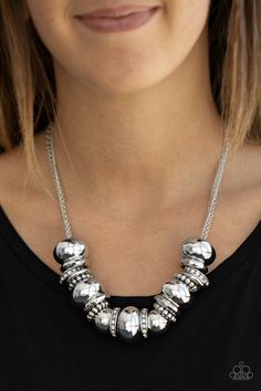 Only The Brave - White Rhinestone, Studded & Hammered Necklace - Paparazzi Paparazzi Jewelry Images, Only The Brave, Hammered Necklace, Silver Chains, Ball Necklace, Paparazzi Accessories, White Necklace, White Rhinestone, Rhinestone Studs