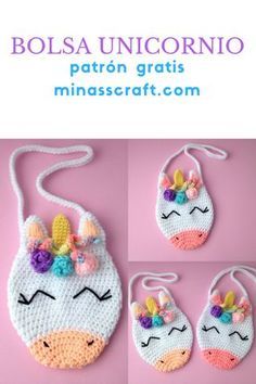 crocheted unicorn purse and booties are shown in three different pictures, including one with