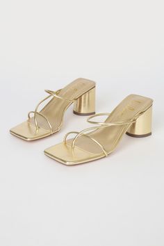 Metallic Gold Heels - Strappy High Heels - High Heel Sandals - Lulus Gold Heels Small Heel, Cute Small High Heels, 3 In Heels, Gold Heels 2 Inch, Prom Shoes Low Heeled Gold, Good Heels Prom, Gold Hoco Shoes, Gold Heels Black Dress, Block Kitten Heels