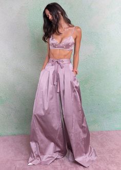 Trousers - vintage pleat, high-waist handwoven, hand - dyed trousers. Bralette - silk bralette with embroidered yellow silk floss daisies. Jacket - oversized, handwoven silk jacket High Waist Silk Pants For Spring, High-waist Silk Pants For Spring, Silk Bottoms For Summer Evenings, Silk High-waisted Wide Leg Pants For Party, Silk Evening Bottoms For Summer, Silk Wedding Bottoms For Summer, Silk Bottoms For Summer Weddings, Spring Evening Cropped Bottoms, Chic Silk Wide Leg Pants For Spring