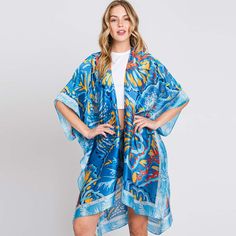 Size : 35" X 36" Material : 100% Polyester Casual Blue Cover-up With Kimono Sleeves, Beach Blue Printed Kimono, Summer Beach Cover-up Kimono With Vibrant Print, Flower Kimono, Blue Printed One-size Kimono, Multicolor Floral Print Cover-up With Kimono Sleeves, Blue Hand, Watercolor Flower, Lowest Price