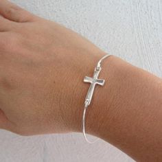 Sideways Cross Bracelet, Silver Cross Bracelet, Faith Gift for Women, Cross Jewelry, Cross Bangle, B Silver Cross Bracelets For Gifts, Silver Cross Bracelet, Spiritual Style, Spiritual Silver Cross Bracelet, Nickel Free Silver Cross Bracelets, Nickel-free Silver Cross Bracelets, Nickel-free Silver Cross Rosary Bracelet, Silver Nickel-free Cross Bracelet, Spiritual Silver Charm Bracelet With Cross, Spiritual Silver Cross Charm Bracelet