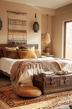 a large bed sitting next to a window with lots of pillows on top of it