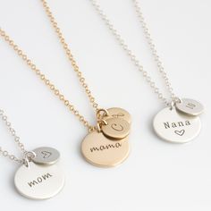 "This personalized disc necklace is the perfect gift for new moms, nana, grandma, or that special someone in your life. Simple, dainty, minimal, perfect for layering, personalize with Nana, Mom, initials + smaller disc with heart stamp or number of children/grandchildren, birth flower, zodiac. Offered in quality 14k gold fill, sterling silver, and rose gold fill, a beautiful piece your wife, mom, grandma, best friend, any special woman in your life will enjoy and wear close to their heart. HOW - Everyday Mother's Day Charm Necklace With Round Disc, Minimalist Customizable Charm Necklace For Mother's Day, Hand Stamped Round Pendant Charm Necklace For Mother's Day, Hand Stamped Round Pendant Charm Necklaces For Mother's Day, Everyday Round Disc Charm Necklace For Mother's Day, Mother's Day Gift Name Necklace With Charms, Custom Name Round Pendant Charm Necklaces For Mother's Day, Mother's Day Gift Round Pendant Name Necklace, Mother's Day Name Necklace