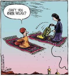 a cartoon depicting two people sitting on rugs, one is talking to the other