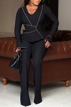 Casual Daily Elegant Patchwork V Neck Long Sleeve Two Pieces Black Stretch Workwear Sets, Elegant Black Fall Outfit Sets, Stretch Black Sets For Workwear, Chic Black V-neck Sets, Elegant Black Sets For Fall, Elegant Black Set For Fall, Black Long Sleeve Office Sets, Fitted Black V-neck Sets, Chic Stretch Office Sets