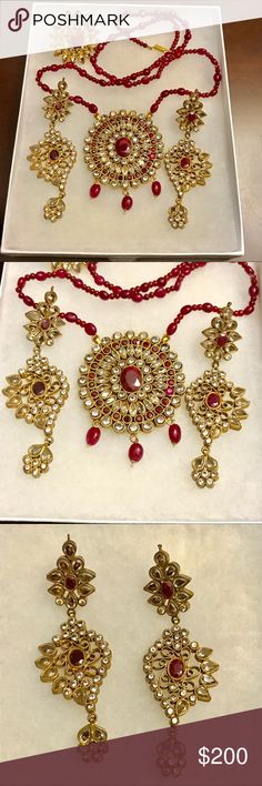 Bollywood Jewelry Set Semi Precious Red Stones Bollywood Jewelry Set Semi Precious Red Stones Necklace Earrings 4 1/2 inch and Large Flower Ring Bollywood Jewelry Necklaces Festive Red Ruby Jewelry Set, Festive Red Hand Set Jewelry Sets, Formal Red Jewelry Sets With Stone Work, Red Jewelry Sets For Formal Festivals, Red Ruby Bridal Necklace In Temple Jewelry Style, Handmade Red Jewelry Sets For Festive Occasions, Red Ruby Temple Jewelry Bridal Necklace, Handmade Red Jewelry Sets For Festive Season, Red Ruby Temple Bridal Necklace