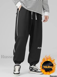 Russoo - Performance-Driven Mens Solid Fleece Sweatpants: Comfortable, Breathable, and Versatile Activewear for Outdoor Activities Winter Sports Baggy Pants, Black Leisure Bottoms For Winter, Black Winter Leisure Bottoms, Black Winter Bottoms For Leisure, Winter Leisure Black Bottoms, Black Joggers With Ribbed Cuffs For Winter, Black Winter Joggers With Ribbed Cuffs, Winter Black Joggers With Ribbed Cuffs, Leisure Letter Print Pants For Winter