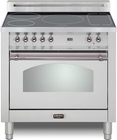 an electric stove with two burners and one oven door open, on a white background