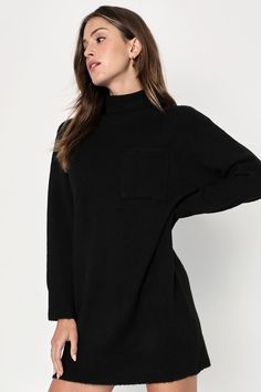 Prepare to be the cutest (and warmest) babe of the season in the Lulus Positively Charming Black Turtleneck Mini Sweater Dress! Soft brushed sweater knit shapes this cozy dress that features a chic turtleneck framed by long sleeves with drop shoulders. The relaxed, shift silhouette boasts a front patch pocket before it falls to a cute mini hem that pairs perfectly with your favorite knee-high boots. Ribbed knit accents the neckline, cuffs, and hem. Fit: This garment fits true to size. Length: Mi Cozy Knit Sweater Dress For Fall, Casual Textured Knit Sweater Dress For Fall, Chic Fall Sweater Dress With Crew Neck, Chic Crew Neck Sweater Dress For Fall, Fall Crew Neck Sweater Dress In Soft Knit, Fall Crew Neck Soft Knit Sweater Dress, Cozy Knit Sweater Dress For Loungewear, Knit Sweater Dress With Ribbed Neckline For Winter, Fall Soft Knit Sweater Dress With Crew Neck