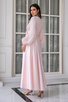 Pink Long Sleeves Wedding Party Dress Elegant Fitted V-neck Ball Gown, Feminine V-neck Evening Dress For Party, Long Sleeve Satin Gown For Parties, Long Sleeve Dresses For Wedding And Prom Season, Feminine Fitted Maxi Dress For Banquet, Long Sleeve Fitted Bodice Bridesmaid Dress For Party, Elegant Chiffon Mother Of The Bride Evening Dress, Elegant Ball Gown Evening Dresses For Banquets, Elegant Ball Gown Evening Dress For Banquet