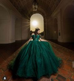 a woman in a green ball gown sitting on the floor with her back to the camera