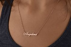 You can customize this personalized necklace with a name/ word of your choice. All our personalized name necklaces are suitable for all kinds of clothing and add a great sparkle to your wardrobe.  #personalizednecklace #VivaRing #goldnecklace #personalizedchoker #customnecklace #PersonalizedJewelry #personalizedgift #silvernecklace #namenecklace #initialnecklace  #lovegifts #personalizedpendant #rosegoldnecklace #romanticgifts #giftsforbestfriend Personalized Gold Necklace, Birthday Necklace Gift, Solid Gold Necklace, Diamond Solitaire Necklace, Gold Name Necklace, Rose Gold White, Personalized Pendant, 14k Gold Necklace, Gold Necklace Women