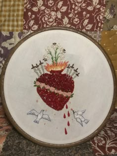 burning heart bead embroidery artwork in a hoop  inspired by vintage catholic cards ❤️ could be hanged on a wall Hanging Embroidery Hoop, Embroidered Hoop Art, Hoop Embroidery Ideas, Embroidered Hearts, Burning Heart, Antique Embroidery, Embroidery Heart, Embroidery Aesthetic, Heart Bead Embroidery