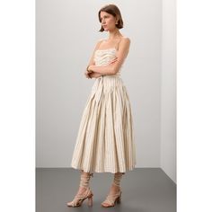 Brown Stripe (100% Cotton). Casual Dress. Square Neck. Sleeveless. Imported. Beige Pleated Sleeveless Dress For Summer, Chic Pleated Midi Length Sundress, Chic Pleated Midi Sundress, Beige Sleeveless Midi Dress With Ruched Bodice, Sleeveless Midi Dress With Gathered Skirt For Daywear, Beige Pleated Bodice Summer Dress, Elegant Ruched Sundress For Day Out, Chic Sleeveless Pleated Sundress, Sleeveless Ruched Beige Maxi Dress