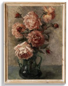 an oil painting of pink roses in a green glass vase on a table with a gray background