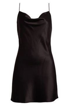 Lustrous satin enriches this mini slipdress featuring a subtle cowl neck and slender straps. 35" length (size 8) Cowl neck Spaghetti straps Lined 75% triacetate, 25% polyester Dry clean Imported Sleek Cowl Neck Slip Dress For Parties, Chic Cowl Neck Slip Dress For Evening, Sleek Fitted Slip Dress With Cowl Neck, Sleek Fitted Cowl Neck Slip Dress, Satin Slip Dress With Straight Neckline For Date Night, Chic Mini Length Camisole, Elegant Scoop Neck Slip Dress For Night Out, Chic Cowl Neck Slip Dress For Formal Events, Chic Cowl Neck Slip Dress For Night Out