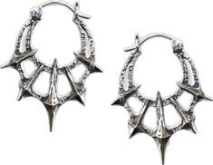 Gothic Horned Metal Jewelry, Horned Gothic Metal Jewelry, Edgy Metal Festival Earrings, Edgy Silver Earrings For Festival, Gothic Metal Hoop Earrings, Punk Style Earrings For Festival, Silver Gothic Plug Earrings For Festival, Alternative Metal Pierced Earrings, Alternative Silver Jewelry For Pierced Ears