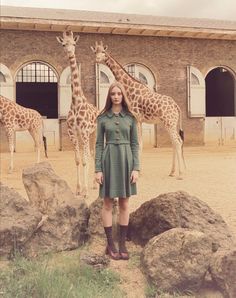 a woman standing in front of three giraffes