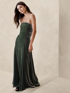 Selene Velvet Maxi Dress | Banana Republic Velvet Dress Green, Juniper Green, Formal Wedding Guests, Velvet Bridesmaid Dresses, Fall Wedding Guest Dress, Velvet Maxi Dress, Velvet Maxi, Green Bridesmaid Dresses, Guest Attire