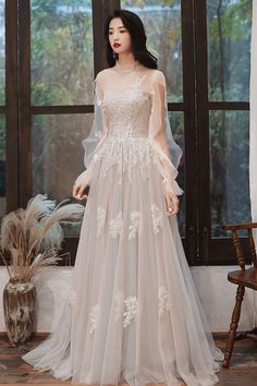 Lovely Lace Long A-Line Formal Dress, Long Sleeve Evening Dress