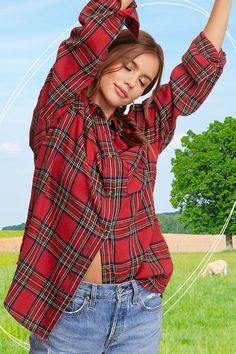 Love the oversized plaid shirt! Easy going you can wear this on it's own or layered over a tank. - 70% Cotton, 30% Polyester Small 4-6, Medium 8-10, Large 12-14 Oversized Flannel, Red Plaid Flannel, Cozy Evening, Flannel Shirts, By The Fireplace, Plaid Flannel Shirt, Plaid Tops, Plaid Christmas, Perfect Woman