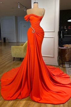 Charming One-should Sleeveless Mermaid Prom Dresses With Ruffles Long Red Prom Dress Long, Mermaid Gown Prom, Mermaid Evening Gown, Prom Dresses 2024, Prom Dress Ideas, Orange Satin, Dusty Rose Dress, Glamour Dress, Prom Dress Inspiration