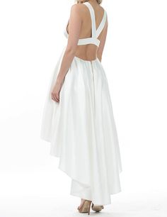 This gorgeous sleeveless cutout dress is great for semi formal, formal, and special occasions and can be wore as a beautiful but simple wedding dress. This flowy midi dress has a v neck in the front with straps from the front of the dress going down the back to the middle and is attached to an elastic band that going from left to right, Dress is very stylish with dress hook and eye with zipper in the middle back of the dress and hi low hemline. Material: 100% Polyester Neckline: V Neck Sleeve St Summer Formal Backless Dress With Fitted Bodice, Elegant Sleeveless High Low Evening Dress, Sleeveless V-neck Summer Prom Dress, Elegant Fitted High Low Spring Dress, Elegant Fitted High Low Dress For Spring, Elegant Spring High Low Dress For Formal Events, Elegant High Low Dress For Formal Spring Events, Elegant High Low Dress For Spring Formal, Sleeveless Dress With Keyhole Back For Prom