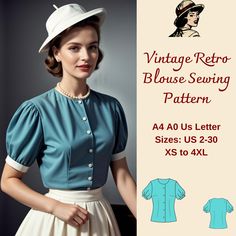 a woman wearing a blue blouse and white skirt with the words vintage retro blouse sewing pattern