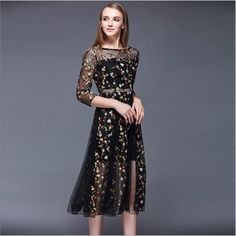 Lace Embroidery Flower Black Dress - Uniqistic.com Knee-length Floral Embroidered Dress For Spring, Spring Floral Print Embroidered Knee-length Dress, Spring Floral Embroidered Long Sleeve Dress, Spring Long Sleeve Floral Embroidered Dress, Black Floral Embroidered Summer Dress, Fitted Long-sleeve Embroidered Dress With Floral Applique, Fitted Long Sleeve Embroidered Dress With Floral Applique, Fall Evening Dress With Floral Embroidery, Knee-length Floral Embroidered Dress