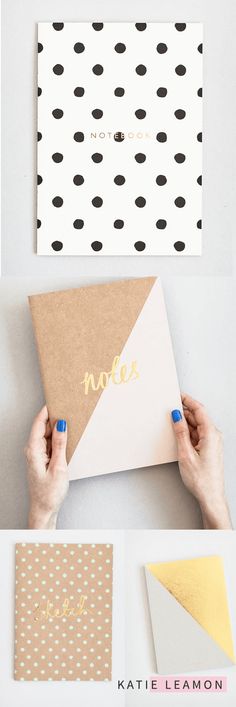 handmade greeting cards with black and white polka dots on them, including gold foil lettering