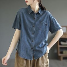 Women Summer Casual Minimalist Cotton Denim Blouse Women Summer Casual, Denim Blouse, Blouse Material, Blue Blouse, Summer Casual, Going Out, Summer Fashion, Fashion Outfits, Quick Saves