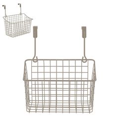 two wire baskets hanging from hooks on the wall, one with an umbrella holder and another without