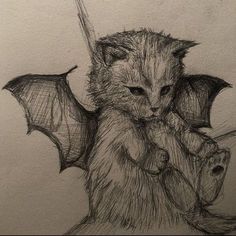 a pencil drawing of a cat with wings on it's back, sitting next to a bat