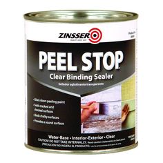 a can of seal stop clear binding sealer on a white background with the words peel stop