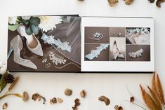 an open book with pictures of wedding shoes and jewelry on it next to dried flowers