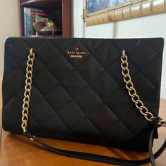 Large Quilted Black Kate Spade Handbag. Excellent Condition Kate Spade Formal Shoulder Bag With Chain Strap, Formal Kate Spade Shoulder Bag With Chain Strap, Luxury Kate Spade Clutch Bag, Kate Spade Formal Bag With Chain Strap, Luxury Kate Spade Bag With Chain Strap, Kate Spade Formal Soft Leather Bags, Formal Kate Spade Soft Leather Bag, Kate Spade Black Pouch Shoulder Bag, Chic Kate Spade Pouch Shoulder Bag