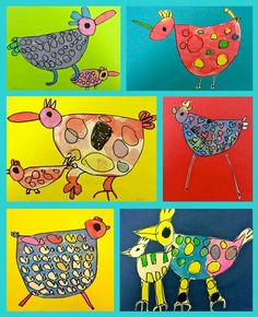 four different colored pictures of farm animals and birds on blue, green, yellow, red, orange, and pink