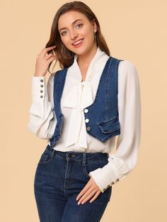 Shop Allegra K for Denim Vintage Button Up Sleeveless Crop Jean Waistcoat Vest you are looking for, get more women's Vests for yourself. Order now! Free Returns！ Jean Waistcoat, Women's Vests, Jean Vest, Chiffon Shirt, Vintage Button, Womens Clothing Sizes, Matching Outfits, Cropped Jeans, Womens Vest