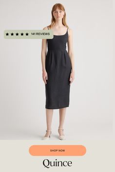 Crafted from the finest quality linen sourced from Europe, our 100% European Linen Scoop Neck Midi Dress is soft, breathable, and lightweight, making it the perfect choice for warm weather. The elegant scoop neck and midi length of the dress make it a versatile addition to any wardrobe. Whether you're dressing it up for a special occasion or keeping it casual for a day out, this dress is sure to turn heads.  | Quince | Women's 100% European Linen Scoop Neck Midi Dress in Black, Size XS Fitted Linen Dress With Straight Neckline For Daywear, Fitted Linen Dress For Work, Chic Fitted Linen Dress For Brunch, Casual Fitted Midi Linen Dress, Fitted Linen Midi Dress With Straight Neckline, Fitted Linen Midi Dress For Brunch, Fitted Linen Midi Dress For Work, Fitted Linen Dress With Straight Neckline For Summer, Fitted Black Linen Midi Dress