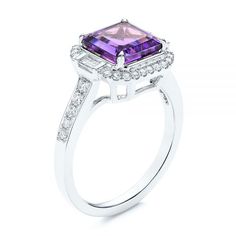 106049 14k White Gold Ring   Amethyst - 1.90 ctw   Octagon   32 Diamonds - .29 ctw   Clarity: SI, Color: H-I. This beautiful fashion ring features a 1.9 ctw amethyst, along with 32 diamonds. This ring is designed in 14k white gold. Rose gold and yellow gold are available for special order.          Asscher Cut in Halo Setting      Asscher cuts come square in shape with layered facets and clipped corners creating an octagonal shape. The signature appeal of this specific cut is a result of the bri Luxury White Gold Amethyst Ring With Diamond Accents, Classic Amethyst Diamond Ring With Halo Setting, Luxury Amethyst Promise Ring With Diamond Accents, Luxury Amethyst Ring With Halo Setting, Luxury Amethyst Ring With Diamond Accents For Promise, Luxury White Gold Amethyst Ring With Halo Setting, Purple Baguette Cut Rings For Formal Occasions, Luxury Amethyst Ring With Brilliant Cut Diamond, Luxury Amethyst Ring With Emerald Cut Diamond